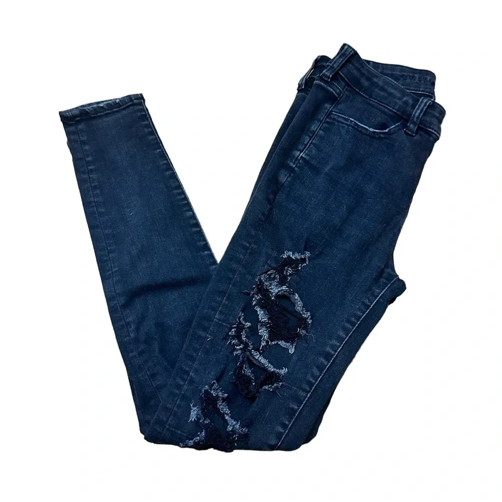American Eagle Next Level Stretch Distressed Black Skinny Jeans size 4 - Picture 1 of 5